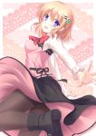  1girl bangs black_skirt blonde_hair blush boots bow bowtie commentary_request eyebrows_visible_through_hair gochuumon_wa_usagi_desu_ka? hair_between_eyes hair_ornament hairclip highres hoto_cocoa leg_up long_skirt long_sleeves looking_at_viewer looking_to_the_side medium_hair open_mouth outstretched_arms pantyhose pink_shirt pink_skirt purple_eyes red_neckwear shimotsuki_keisuke shirt skirt solo two-tone_skirt white_shirt 