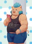  2020 anthro belly blush bottomwear brown_body brown_fur bulge clothing fur gouryou humanoid_hands kemono male mammal overweight overweight_male phone shorts solo suid suina sus_(pig) tokyo_afterschool_summoners video_games wild_boar yakiniku 