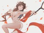  1girl :o ahoge arknights armpits bare_arms bare_shoulders blush breasts brown_hair chinese_commentary commentary_request covered_nipples eyebrows_visible_through_hair eyjafjalla_(arknights) eyyy grey_background holding holding_staff horns large_breasts leg_up long_hair looking_at_viewer nipples o-ring open_mouth outstretched_arm petals red_eyes revealing_clothes see-through shawl simple_background solo staff standing standing_on_one_leg thighs 