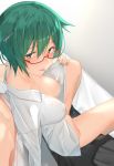  1girl animal_ears bangs blush bottomless breasts commentary_request from_above glasses green_eyes green_hair hair_between_eyes highres medium_breasts naked_shirt nipples pallad pulled_by_self semi-rimless_eyewear shirt shirt_pull short_hair sitting smile solo_focus tongue tongue_out under-rim_eyewear vrchat white_shirt yuyake_hino 