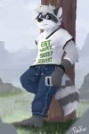  2020 2:3 anthro bottomwear clothing detailed_background fur grey_body grey_fur hi_res humanoid_hands mammal outside pache_riggs pants phone procyonid raccoon shirt solo text topwear 