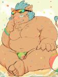  2020 absurd_res anthro balls belly bulge buta5kawa clothing genitals gouryou hi_res humanoid_hands kemono male mammal moobs navel nipples one_eye_closed overweight overweight_male simple_background sitting solo suid suina sus_(pig) swimwear tokyo_afterschool_summoners tongue tongue_out video_games wild_boar wink 