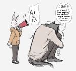  2020 absurd_res anthro beastars blush bottomwear canid canine canis clothed clothing dialogue duo ears_up english_text fully_clothed fur grey_body grey_fur haru_(beastars) hi_res holding_object hoodie humor lagomorph legoshi_(beastars) leporid mammal megaphone pants rabbit signature sitting speech_bubble standing text topwear veeringcycle white_body white_fur wolf 
