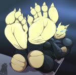  5_fingers 5_toes ambiguous_gender anthro armor canid canine claws clothing fingerless_gloves fingers foot_focus foot_on_table fox fur gloves glowing glowing_eyes handwear legwear mammal neck_tuft shoulder_pads signature sitting snout socks solo solo_focus stray toes tuft yellow_body yellow_fur zp92 
