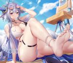  1girl absurdres animal_ears anklet azur_lane barefoot bikini breasts chitu_hefeng_zhong choker commentary_request eyewear_on_head feet fox_ears fox_tail gem half-closed_eyes highres jewelry large_breasts legs long_hair mask mask_on_head multiple_tails purple_eyes purple_hair sitting soles source_request sunglasses swimsuit tail thighs toenail_polish toes tosa_(azur_lane) tosa_(hometown_zest)_(azur_lane) two-tone_bikini 