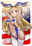  1girl american_flag animal_ears arm_up armpits arms_behind_head arms_up bare_shoulders blonde_hair blue_eyes bow bowtie breasts bunny_ears bunny_girl bunny_tail bunnysuit double_bun fake_animal_ears fishnets fletcher_(kantai_collection) kantai_collection large_breasts leotard long_hair looking_at_viewer mokerou navel solo strapless strapless_leotard tail 