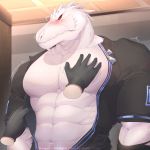  1:1 abs alvedo_vhiich arknights blush clothed clothing disembodied_hand grope groping_chest handwear hi_res male muscular muscular_male open_clothing pecs rangers_(arknights) red_eyes scales scalie sharp_teeth solo teeth video_games white_body white_scales 