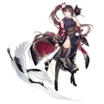  1girl absurdly_long_hair alternate_costume animal_print azur_lane bangs bird bird_print black_dress black_footwear black_gloves boots breasts brown_hair brown_legwear corset crane_(animal) cross-laced_footwear dress earrings enka_(bcat) eyebrows_visible_through_hair floating_hair flower fox_mask full_body gloves groin hair_flower hair_ornament half_gloves high_heel_boots high_heels holding holding_sword holding_weapon japanese_clothes jewelry katana knee_boots lace-up_boots large_breasts long_hair looking_at_viewer lowleg lowleg_panties mask mask_removed multiple_swords off_shoulder official_art open_mouth panties ponytail purple_panties shoulder_strap side_slit sidelocks skindentation sleeveless smile string_panties sword tachi-e thighhighs transparent_background underwear very_long_hair weapon wind yellow_eyes zuikaku_(azur_lane) zuikaku_(festive_crane)_(azur_lane) 