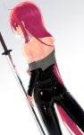  1girl ass hair_flowing_over highres latex latex_bodysuit long_hair looking_at_viewer looking_back no_bra ohlia pulled_by_self red_eyes red_hair shakugan_no_shana shana shiny shiny_clothes solo sweat undressing very_long_hair 