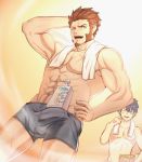  2boys alternate_costume bangs bara beard black_hair blue_eyes blush boxer_briefs brown_hair bulge command_spell eyebrows_visible_through_hair facial_hair fate/grand_order fate_(series) fujimaru_ritsuka_(male) hand_on_head hand_on_hip highres looking_at_viewer male_focus male_underwear multiple_boys no_pants one_eye_closed open_mouth shampoo_bottle shampoo_challenge shirtless smile toned toned_male towel underwear underwear_only upper_body wet yaosan233 