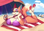  animal_crossing anthro audie_(animal_crossing) beach big_breasts bikini bikini_thong breast_rest breasts butt canid canine canis clothing gulliver_(animal_crossing) huge_breasts kitsuneten looking_at_viewer mammal nintendo pawpads paws seaside swimwear tongue tongue_out video_games water wolf 