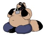  2020 anthro belly bottomwear brown_body brown_fur canid canine clothing eating food fur kemono male mammal moobs navel overweight overweight_male pants raccoon_dog simple_background sitting solo tanuki unagiga_hitotsu white_background 