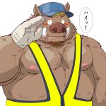  1:1 2020 anthro belly blush brown_body brown_fur clothing fur hat headgear headwear humanoid_hands japanese_text kemono male mammal moobs nipples overweight overweight_male raichoclub simple_background solo suid suina sus_(pig) text white_background wild_boar 