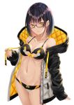  1girl bare_shoulders bikini black-framed_eyewear black_bikini black_hair black_jacket breasts cleavage closed_mouth collarbone cowboy_shot glasses groin highres hood hood_down hooded_jacket jacket long_sleeves looking_at_viewer medium_breasts nabeshima_tetsuhiro navel original semi-rimless_eyewear short_hair simple_background solo standing stomach swimsuit thighs white_background yellow_eyes 