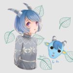  1boy absurdres animal_ears artist_name blue_hair doubutsu_no_mori furry goat goat_ears goat_horns grey_background highres horns leaf open_mouth otoko_no_ko personification purple_eyes rem_(doubutsu_no_mori) rol_(wengmengdi) solo 