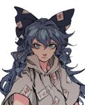  1girl bags_under_eyes blue_bow blue_hair bow closed_mouth grey_hoodie hair_between_eyes hair_bow hood hood_down long_hair looking_at_viewer ofuda_on_clothes ruukii_drift short_sleeves solo touhou upper_body yorigami_shion 