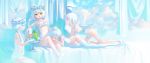  4girls absurdres all_fours angel_wings arm_garter bangs bare_shoulders bed_sheet blue_eyes blue_sky blunt_bangs bob_cut bowl bra braid closed_eyes cloud commentary_request flower_wreath food fruit garter_belt gloves grapes hand_on_another&#039;s_head hand_up highres kaede_(shijie_heping) leg_garter leotard long_hair looking_at_another lying lying_on_lap multiple_girls on_side open_mouth original panties parted_lips pineapple red_eyes short_hair sitting sky sleeping smile twin_braids underwear white_bra white_garter_belt white_gloves white_leotard white_panties white_wings wings wreath yellow_eyes 