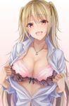  1girl :d blonde_hair bra breasts cleavage collarbone collared_shirt commentary_request dark_skin eyes_visible_through_hair gradient gradient_background gyaru highres jewelry long_hair looking_at_viewer navel open_clothes open_mouth open_shirt original pendant pink_bra red_eyes shirt smile stomach tongue two_side_up underwear upper_body very_long_hair white_shirt zeroamu 