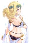  1girl arm_at_side armlet ass back bangs bare_shoulders black_shirt blonde_hair blue_eyes blush butt_crack clenched_hands cowboy_shot diadem fate/grand_order fate_(series) from_above from_behind halter_top halterneck highres long_hair looking_at_viewer looking_back pollux_(fate/grand_order) shiny shiny_skin shirt shoulder_blades smile solo sparkle tomo_(user_hes4085) white_background white_robe 