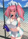  1girl absurdres azur_lane bangs bare_shoulders beach blue_sky bottle breasts bremerton_(azur_lane) bremerton_(scorching-hot_training)_(azur_lane) chain-link_fence cleavage cloud cowboy_shot crop_top crop_top_overhang english_commentary fence hair_between_eyes hair_ornament headgear heart heart_necklace highres holding holding_bottle large_breasts long_hair midriff mole mole_under_eye morung234 multicolored_hair navel ocean open_mouth pink_hair pleated_skirt shirt shore sidelocks skirt sky sleeveless sleeveless_shirt sportswear standing stomach streaked_hair sweat tennis_uniform thighhighs toned twintails two-tone_shirt two-tone_skirt water water_bottle waves x_hair_ornament 