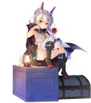  1girl anchor_symbol armpits ascot ass ayanami_(azur_lane) azur_lane bandaged_leg bandages bare_arms black_footwear blue_skirt boots brick_wall cloak crate crop_top crop_top_overhang full_moon headgear lamp lantern light_frown long_hair looking_at_viewer midriff miniskirt moon official_art orange_eyes ponytail sakura_koharu school_uniform serafuku shirt silver_hair single_thighhigh sitting_in_window skirt sleeveless sleeveless_shirt solo stuffed_alicorn stuffed_animal stuffed_toy thighhighs transparent_background treasure_chest white_legwear white_shirt 