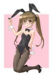  1girl animal_ears black_footwear black_legwear black_leotard black_neckwear bow bowtie brown_eyes brown_hair bunny_ears bunny_tail bunnysuit detached_collar fake_animal_ears girls_und_panzer glasses high_heels katahira_masashi kneeling leotard long_hair looking_at_viewer oono_aya pantyhose solo strapless strapless_leotard tail twintails wrist_cuffs 