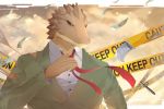  africa_salaryman alvedo_vhiich brown_body brown_scales clothed clothing lizard_(africa_salaryman) male money necktie pen scales scalie solo torn_clothing 
