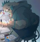  2020 anthro belly bottomwear chair clothing dumdum eyewear furniture glasses gouryou hi_res hoodie humanoid_hands japanese_text kemono male mammal overweight overweight_male pants sitting solo suid suina sus_(pig) text tokyo_afterschool_summoners topwear video_games wild_boar 