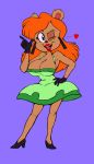  &lt;3 anthro big_breasts blue_background breasts brown_body brown_fur cleavage clothed clothing dress ear_piercing ear_ring female fur gloves hair handwear hi_res julie_bruin lipstick looking_at_viewer makeup mammal one_eye_closed open_mouth orange_hair outta_sync piercing simple_background smile solo tiny_toon_adventures ursid warner_brothers wink 