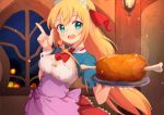  1girl :d ame. apron ascot bangs blonde_hair blue_eyes blush boned_meat breasts cleavage commentary_request eyebrows_visible_through_hair food hair_between_eyes hands_up holding holding_tray index_finger_raised indoors long_hair meat medium_breasts night open_mouth pecorine princess_connect! princess_connect!_re:dive puffy_short_sleeves puffy_sleeves purple_apron red_neckwear red_skirt round_teeth short_sleeves shrug_(clothing) skirt smile solo teeth tiara tray upper_teeth very_long_hair waist_apron wall_lamp window wrist_cuffs 