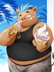  2020 anthro belly brown_body brown_fur bulge clothing dessert detailed_background eating food fur gouryou hi_res humanoid_hands ice_cream kemono kinoshita-jiroh male mammal overweight overweight_male shirt solo suid suina sus_(pig) swimwear tank_top tokyo_afterschool_summoners tongue tongue_out topwear video_games wild_boar 