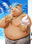  2020 anthro belly brown_body brown_fur bulge clothing dessert detailed_background eating food fur gouryou hi_res humanoid_hands ice_cream kemono kinoshita-jiroh male mammal moobs navel nipples overweight overweight_male solo suid suina sus_(pig) swimwear tokyo_afterschool_summoners tongue tongue_out video_games wild_boar 