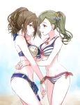  2girls :d alternate_hairstyle bikini blush bracelet braid breast_press breasts brown_eyes brown_hair cleavage commentary_request earrings from_side hair_ornament hair_ribbon hand_on_another&#039;s_cheek hand_on_another&#039;s_face highres hug idolmaster idolmaster_shiny_colors jewelry kuwayama_chiyuki lifebuoy medium_breasts multiple_girls nanakusa_hazuki navel necklace open_mouth print_bikini profile ribbon romi_(346_ura) ship&#039;s_wheel side_ponytail smile star star_hair_ornament striped striped_bikini striped_ribbon swimsuit wheel_print yuri 