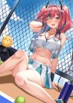  1girl absurdres arm_up azur_lane bag ball bangs bare_shoulders bird bottle bow breasts bremerton_(azur_lane) bremerton_(scorching-hot_training)_(azur_lane) chain-link_fence chick cleavage commentary commentary_request crop_top crop_top_overhang dutch_angle fence grey_hair hair_between_eyes hair_bow hair_ornament hairclip heart heart_necklace highres holding jewelry knee_up large_breasts long_hair looking_at_viewer midriff miniskirt mole mole_under_eye multicolored_hair navel necklace one_eye_closed open_mouth partial_commentary pink_eyes pink_hair pleated_skirt racket red_eyes red_hair shirt shocho sitting skirt sleeveless sleeveless_shirt smile solo sportswear stomach streaked_hair sweat sweatband tennis_ball tennis_racket tennis_uniform thighs towel twintails two-tone_hair two-tone_shirt white_shirt x_hair_ornament 