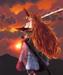  1girl backlighting bangs big_hair blue_skirt breasts broken broken_chain chain cloud cloud_print cloudy_sky cuffs cup fingernails grin highres horn hoshiguma_yuugi huge_weapon large_breasts leaf_print long_fingernails long_hair long_skirt looking_to_the_side mountain no_shirt oni orange_hair orange_sky over_shoulder parted_bangs pointy_ears red_eyes red_nails sakazuki sarashi shackles sharp_fingernails sheath side_slit sidelocks silhouette skirt sky smile solo stomach strong sun sunlight sunset sunyup touhou twilight unsheathed very_long_hair weapon 