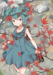  absurdres autumn autumn_leaves backpack bag blue_eyes blue_hair blue_shirt hair_ornament highres kawashiro_nitori mechanical_arm nature outdoors power_(powwwer) rock shirt shoes_on_hands sleeveless soaking_feet solo standing stream touhou water 