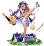  1girl ass azur_lane baseball baseball_cap baseball_mitt bird blue_eyes bluegill_(azur_lane) bluegill_(up-and-coming_infielder)_(azur_lane) blush chick cloud dango_remi dark_skin fang full_body hat head_bump highres leg_up legs long_hair manjuu_(azur_lane) midriff official_art one_eye_closed open_mouth purple_hair ribbon shoes short_eyebrows shorts shorts_under_skirt skirt sky sneakers socks solo standing standing_on_one_leg tan transparent_background white_footwear white_legwear white_shorts white_skirt yellow_ribbon 