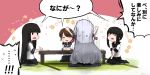  4girls bangs black_hair blunt_bangs bowl brown_hair dress fubuki_(kantai_collection) hair_ribbon hatsuyuki_(kantai_collection) highres hime_cut hitokoe kantai_collection long_hair low_ponytail low_twintails multiple_girls murakumo_(kantai_collection) necktie parted_bangs ponytail ribbon sailor_dress school_uniform serafuku shirayuki_(kantai_collection) short_ponytail short_sleeves short_twintails sidelocks silver_hair sitting speech_bubble table translation_request tress_ribbon twintails 