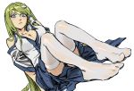  1girl bare_shoulders blue_eyes blue_skirt breasts cleavage closed_mouth collared_shirt detached_sleeves dutch_angle feet frog_hair_ornament green_hair hair_ornament hair_tubes head_tilt kochiya_sanae large_breasts long_hair long_sleeves ruukii_drift shirt sitting skirt thighhighs touhou very_long_hair white_legwear white_shirt wide_sleeves wing_collar 