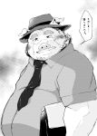  2020 anthro belly bodily_fluids clothing crying domestic_pig hat headgear headwear hi_res japanese_text kemono male mammal monochrome necktie overweight overweight_male shintatokoro shirt solo suid suina sus_(pig) tears text topwear 