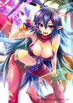  1girl \m/ antenna_hair belt bikini_top blue_hair bracelet breasts cleavage disgaea disgaea_d2 fangs fingerless_gloves flame_print genderswap genderswap_(mtf) gloves highres hori_airi jewelry laharl laharl-chan long_hair microphone navel pointy_ears red_eyes very_long_hair 