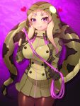  1girl :q african_rock_python_(kemono_friends) animal_print blonde_hair blush breasts brown_legwear closed_mouth collared_jacket cowboy_shot drawstring fishnet_legwear fishnets gradient green_skirt hand_up heart high_collar highres holding holding_whip hood hood_up hooded_jacket impossible_clothes impossible_jacket jacket kemono_friends licking_lips long_hair long_sleeves looking_at_viewer miniskirt multicolored_hair pantyhose print_jacket purple_eyes purple_hair skirt smile snake_print snake_tail solo tail tongue tongue_out totokichi two-tone_hair whip zipper 