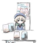  1girl animal bangs black_cat blue_eyes blue_headwear blush book book_stack book_stand booth cat chair convention dress fish flag folding_chair german_text hat heart kantai_collection karin_bluez3 meta neckerchief price_tag sailor_collar sailor_dress sailor_hat short_hair silver_hair sitting solo table unsinkable_sam white_background z1_leberecht_maass_(kantai_collection) 