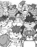  2010 anthro belly carrying clothing felid group horn humanoid_hands kemono male mammal mogpon monochrome overweight overweight_male pantherine robe simple_background suid suina sus_(pig) tiger ursid white_background wild_boar 