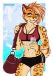  abs anthro athletic blue_eyes bottomwear bra breasts clothing fangs felid feline female mammal notched_ear pink_nose pinup pose sabertooth_(anatomy) shorts small_breasts solo sports_bra text toxi_de_vyne_(artist) underwear url 