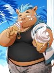 2020 anthro belly brown_body brown_fur bulge clothing dessert detailed_background eating food fur gouryou hi_res hoodie humanoid_hands ice_cream kemono kinoshita-jiroh male mammal overweight overweight_male shirt solo suid suina sus_(pig) swimwear tank_top tokyo_afterschool_summoners tongue tongue_out topwear video_games wild_boar 