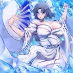  1girl bangs bare_shoulders bow breasts chocfutakun cleavage eyebrows_visible_through_hair fan grey_hair hair_bow highres hip_vent holding holding_fan huge_breasts ice_shard japanese_clothes kimono light_blue_eyes looking_at_viewer medium_hair obi off-shoulder_kimono parted_bangs parted_lips ribbon-trimmed_kimono sash senran_kagura senran_kagura_shinovi_versus signature solo white_kimono wide_sleeves yumi_(senran_kagura) 