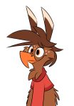  2020 alpha_channel anthro avian beak biped bird brown_body brown_feathers clothed clothing digital_media_(artwork) feathers freckles hi_res male orange_eyes piemations pretzel_(piemations) pseudo_hair shirt simple_background smile solo topwear transparent_background 
