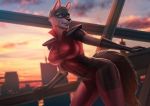  anthro banni_art canid canine canis city city_background cityscape clothing darkflamewolf fan_character female hi_res mammal murana_wolford_(darkflame-wolf) rubber rubber_suit skin_tight_suit solo suit suit_symbol sunset tight_clothing vigilante wolf 
