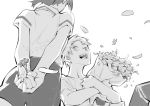  1boy 1girl arms_behind_back bare_arms chainsaw_man denji_(chainsaw_man) flower holding holding_flower monochrome open_mouth petals reze_(chainsaw_man) sharp_teeth shirt shorts smile teeth white_background yofuraruto 